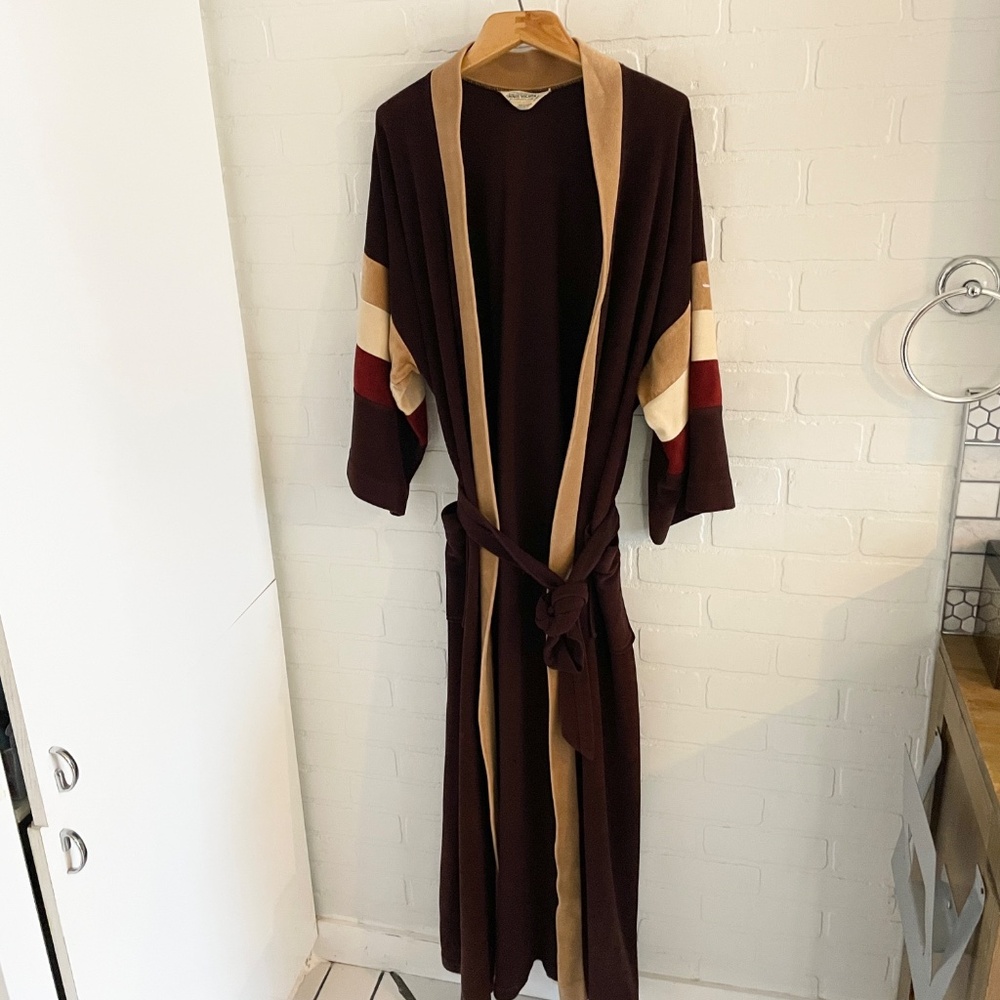 Vintage 70s Men’s (or unisex) Robe Velvet Mod Blokecore Brown Earthy tones OS - Picture 2 of 13
